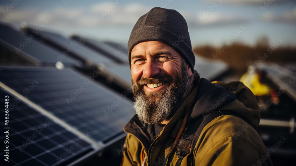 Obraz premium Solar panels, laughing man