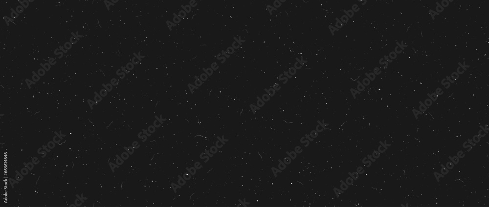 Fototapeta premium White speckles on black background. Seamless dust noise film texture. Old grunge particles, scratches, fibers, flecks repeating wallpaper. Vintage rough dirt overlay. Vector grit sand speck effect