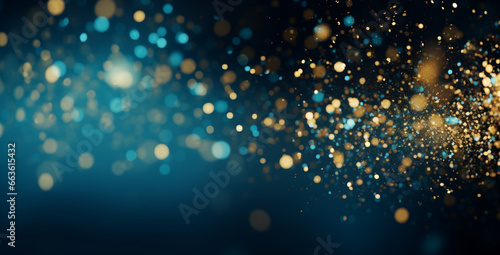Background of abstract defocused gold glitter lights and confetti on blue background with bokeh. Generative AI