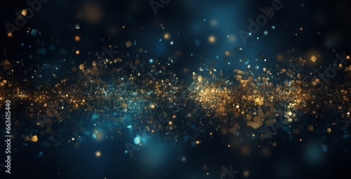 Background of abstract defocused gold glitter lights and confetti on blue background with bokeh. Generative AI
