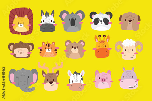 Fototapeta Naklejka Na Ścianę i Meble -  Big animal set. Cute faces. Hand drawn characters. Vector illustration.