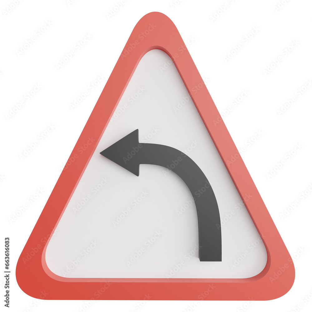 Left curve sign clipart flat design icon isolated on transparent background, 3D render road sign and traffic sign concept Left curve sign clipart flat design icon isolated on transparent background, 3D render road sign and traffic sign concept