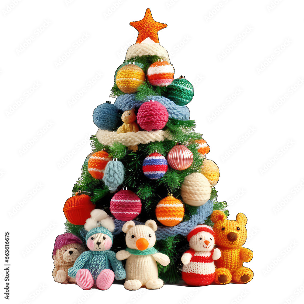 Woolen stuffed Christmas tree with bauble and toy decoration isolated on transparent background