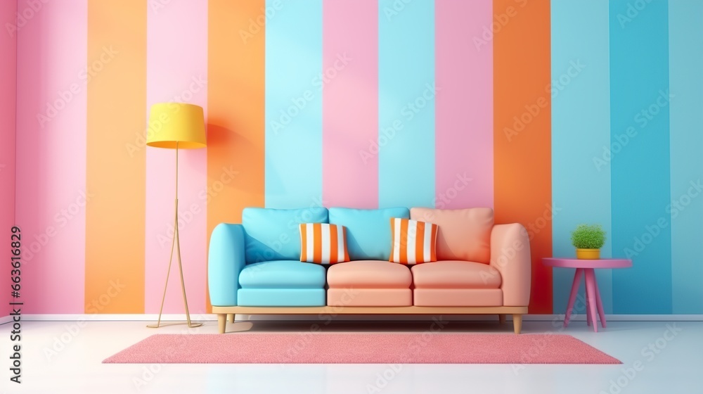 Modern Living Room with Colorful Striped Wall and Furniture Modern Living Room with Colorful Striped Wall and Furniture