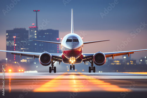 Close up of airplane land on runway in background of night cityscape. Travel concept of vacation and holiday.