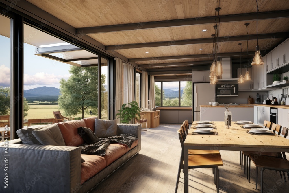 Container Home Scenic Countryside Retreat: Open-Concept Living Area with Expansive Glass Windows, Overlooking Lush Meadows and Distant Mountains