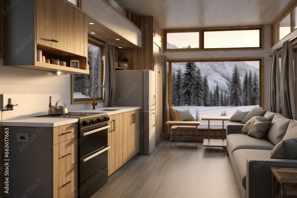 Tiny Home Cozy Rustic Ambience: Small Living Room with Elegant Wooden Features, Plush Sofas, and Stylish Pendant Lighting Over Kitchen Island, in Winter