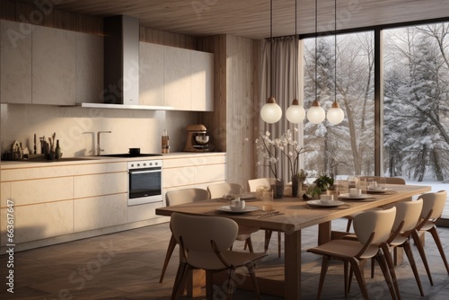 Sunlit Modern Kitchen with Marble Countertops, Pendant Lights, Wooden Accents, and Serene Snow-covered Forest View