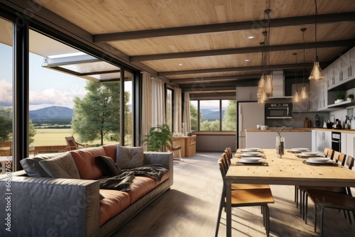 Container Home Scenic Countryside Retreat  Open-Concept Living Area with Expansive Glass Windows  Overlooking Lush Meadows and Distant Mountains