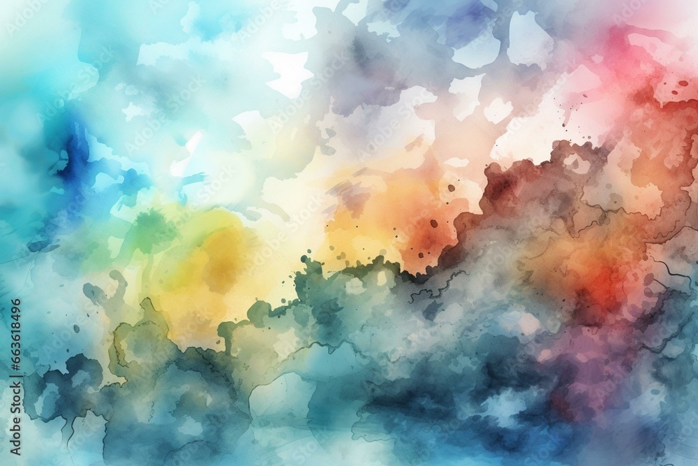 Abstract watercolor background with cloudy sky concept and color splash design, featuring fringe bleed stains and blobs. Generative AI