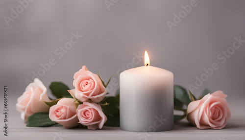 one soft gray candle with cute pink roses isolated with soft background