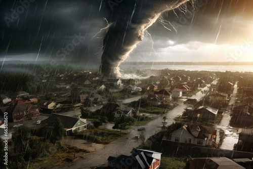 A tornado sweeps over a village. Generative AI photo