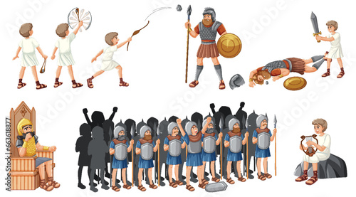 David and Goliath: Cartoon Illustration of Bible Story