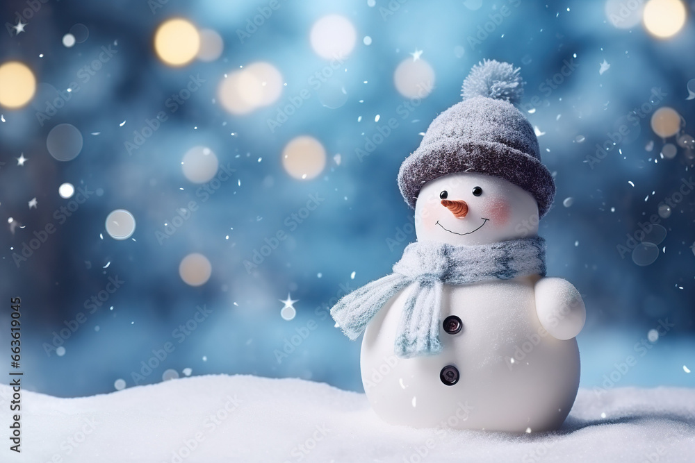 3D illustration of snowman on the snow background. 