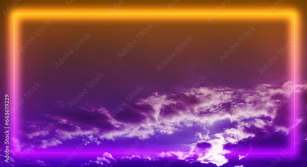 薄い雲と空の背景　夕焼けの色オレンジと紫ののネオン状の枠　テキストスペース　タイトル背景