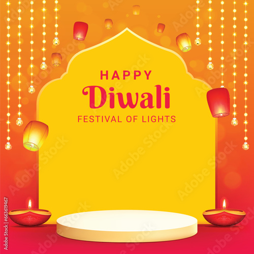 happy diwali festival sale podium design with decorative frame and pink light effect background