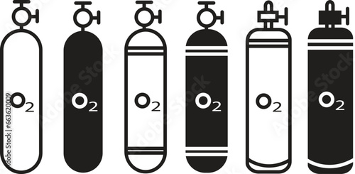 Set of O2 Gas trendy flat cylinder icons. LPG propane bottle icons container with editable stock. Oxygen gas cylinder canister fuel storage collection isolated on transparent background.