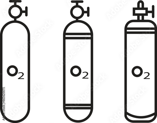 Set of O2 Gas trendy linear cylinder icons. LPG propane bottle icons container with editable stock. Oxygen gas cylinder canister fuel storage collection isolated on transparent background.