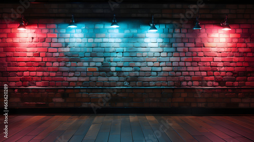 A Brick Wall with Neon Lights That Are Not a Plastered Background and Texture. Lighting effect: red and blue neon background. AI-Generated 
