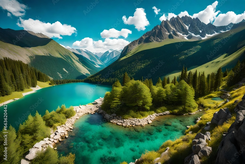 Beautiful landscape of mountainous nature with bright summer sun concept 