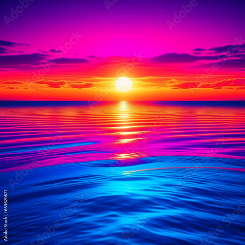 A synthwave-style sunset above the reflecting water of the sea, created with Generative AI technology