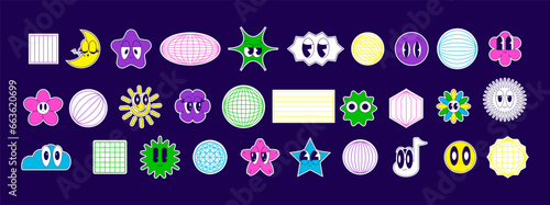 Funny stickers with face and abstract elements in groovy aestetic. Retro Y2K Stickers Pack. Patches in vintage and retro-futuristic style. Vector art