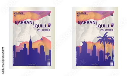 Barranquilla Colombia city poster pack with abstract skyline, cityscape, landmarks and attractions. South America town travel vector illustration set for brochure, website, page, presentation