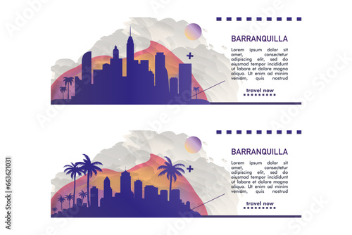 Colombia Barranquilla city banner pack with abstract shapes of skyline, cityscape, landmarks and attractions. South America town travel vector illustration set for brochure, website, page, header