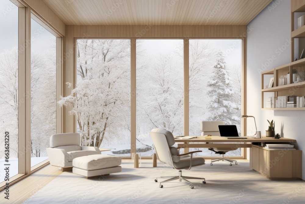 Fototapeta premium Bright Modern Minimalist Home Office with Panoramic Windows Showcasing a Snowy Forest, Elegant White Furnishings, and Wooden Accents, Laptop on Desk