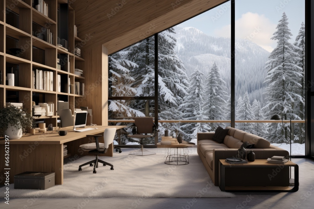 Modern Wooden Home Office Interior with Floor-To-Ceiling Windows Showcasing a Snow-Covered Mountainous Pine Forest, Paired with A Spacious Wooden Bookshelf, Cozy Brown Sofa, and Sleek Workspace Setup Modern Wooden Home Office Interior with Floor-To-Ceiling Windows Showcasing a Snow-Covered Mountainous Pine Forest, Paired with A Spacious Wooden Bookshelf, Cozy Brown Sofa, and Sleek Workspace Setup