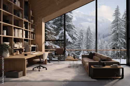 Modern Wooden Home Office Interior with Floor-To-Ceiling Windows Showcasing a Snow-Covered Mountainous Pine Forest, Paired with A Spacious Wooden Bookshelf, Cozy Brown Sofa, and Sleek Workspace Setup