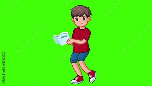  A Boy Walking And Reading A Book 2d Vector Animation On Green Screen 4k Quality
