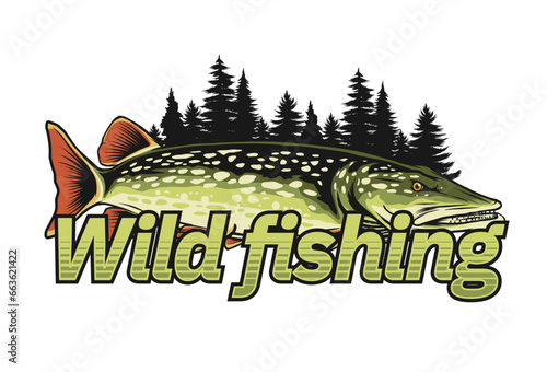 Wild pike fishing logo template