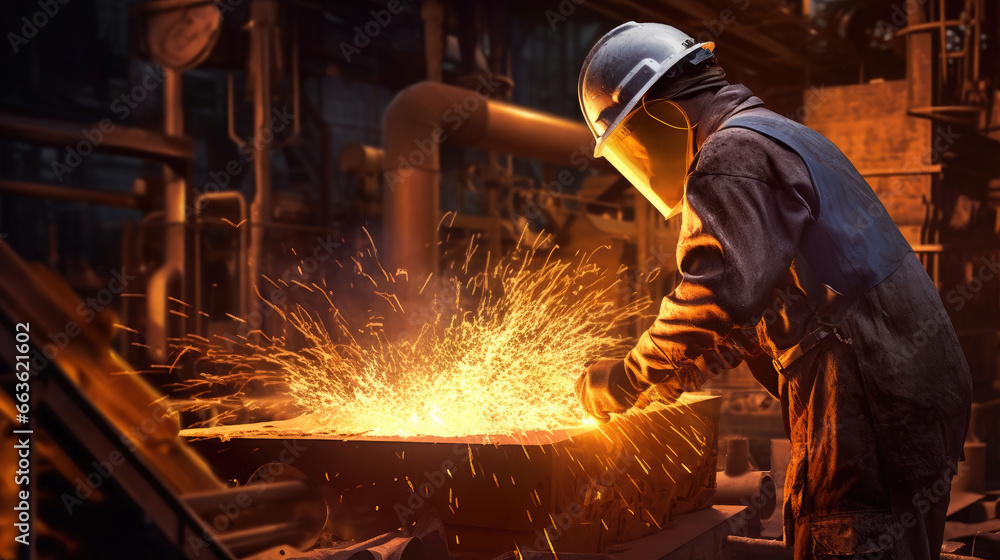 Work crews operating heavy metallurgical equipment, carefully crafting metal products in a metal or steel factory Work crews operating heavy metallurgical equipment, carefully crafting metal products in a metal or steel factory