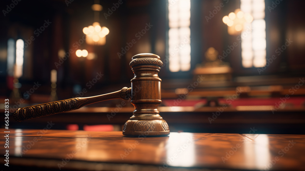A judge's gavel resting on a wooden desk in a courtroom - obrazy, fototapety, plakaty 