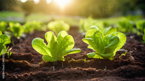 A farmer plants lettuce seedlings by hand in his vegetable garden. photo