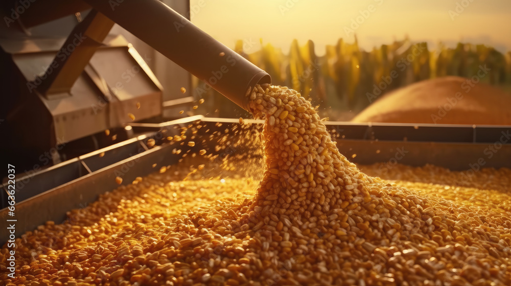 A harvester pouring freshly harvested corn maize seeds or soybeans into a container trailer during the morning sunshine - obrazy, fototapety, plakaty 