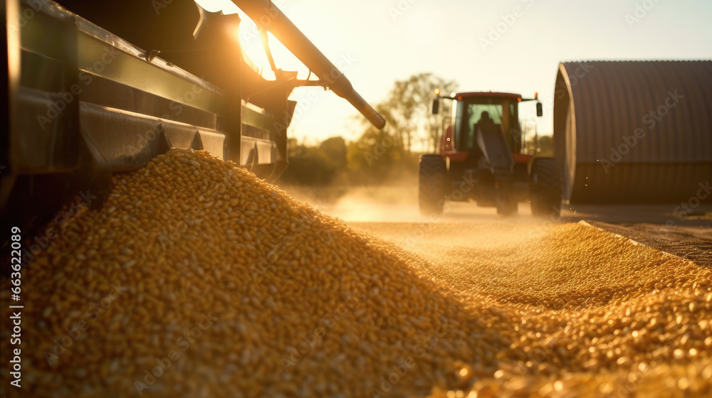 A harvester pouring freshly harvested corn maize seeds or soybeans into a container trailer during the morning sunshine - obrazy, fototapety, plakaty 