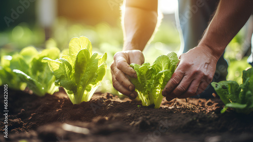 A farmer plants lettuce seedlings by hand in his vegetable garden.