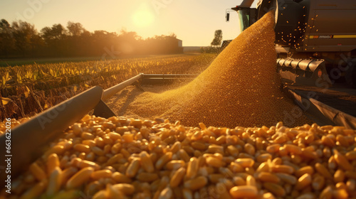 A harvester pouring freshly harvested corn maize seeds or soybeans into a container trailer during the morning sunshine photo