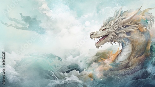 a textured background surrounded by an amazing mighty dragon in water color style, background image, generative AI