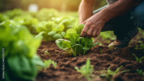 A farmer plants lettuce seedlings by hand in his vegetable garden.