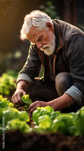 A farmer plants lettuce seedlings by hand in his vegetable garden.