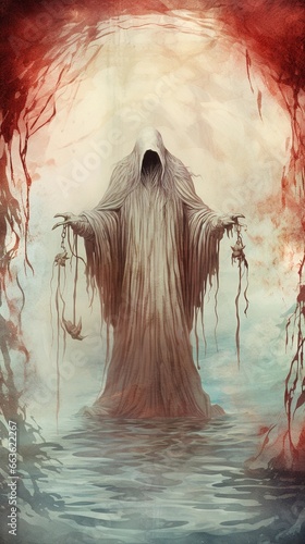 a textured background surrounded by angel of death myth in water color style, vertical format, background image, generative AI