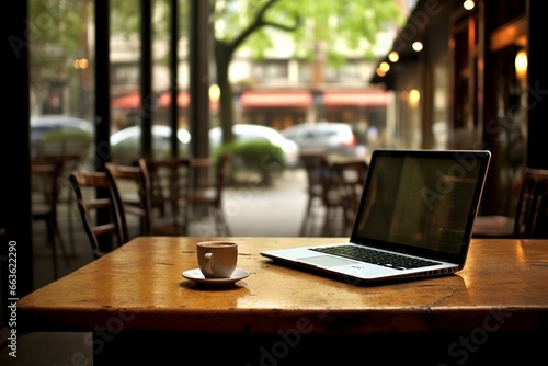 Empty laptop on cafe table. Generative AI