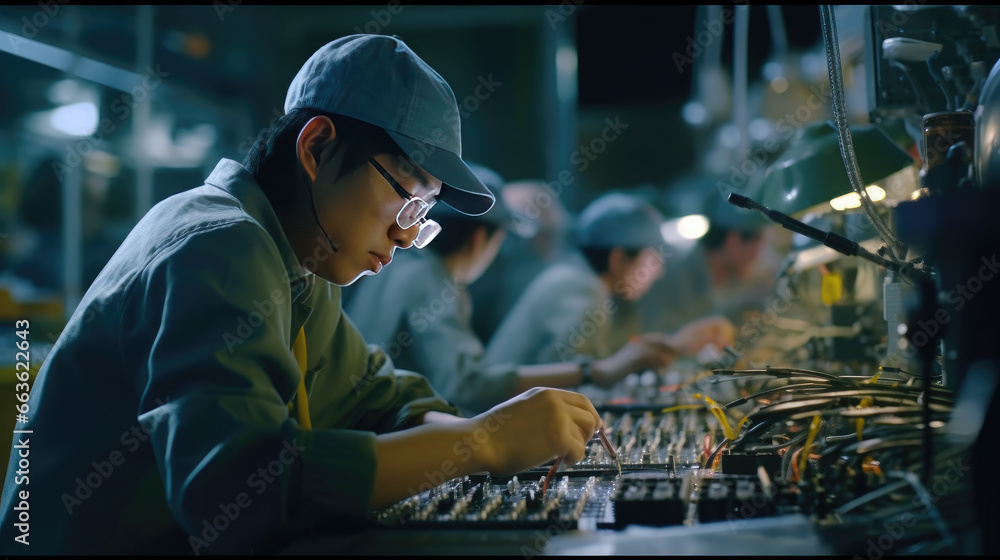 Asian workers in a technology production facility, working alongside industrial machines and cables to assemble electronic smartphones Asian workers in a technology production facility, working alongside industrial machines and cables to assemble electronic smartphones