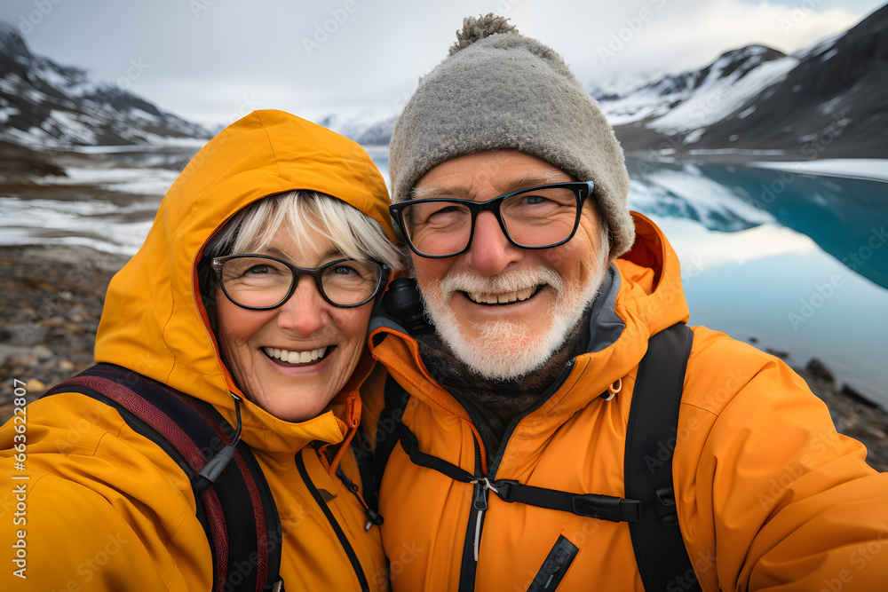 Winter Love, Elderly couple capturing their adventure and love with a heartfelt selfie Winter Love, Elderly couple capturing their adventure and love with a heartfelt selfie