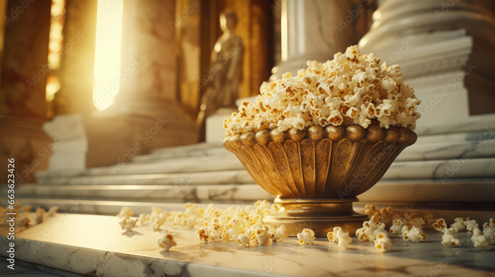 Close - up of popcorn against the backdrop of a palace staircase Close - up of popcorn against the backdrop of a palace staircase