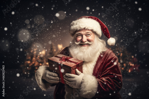 Portrait of the real, good old Santa Claus holding gift box in snowflakes surround © zamuruev