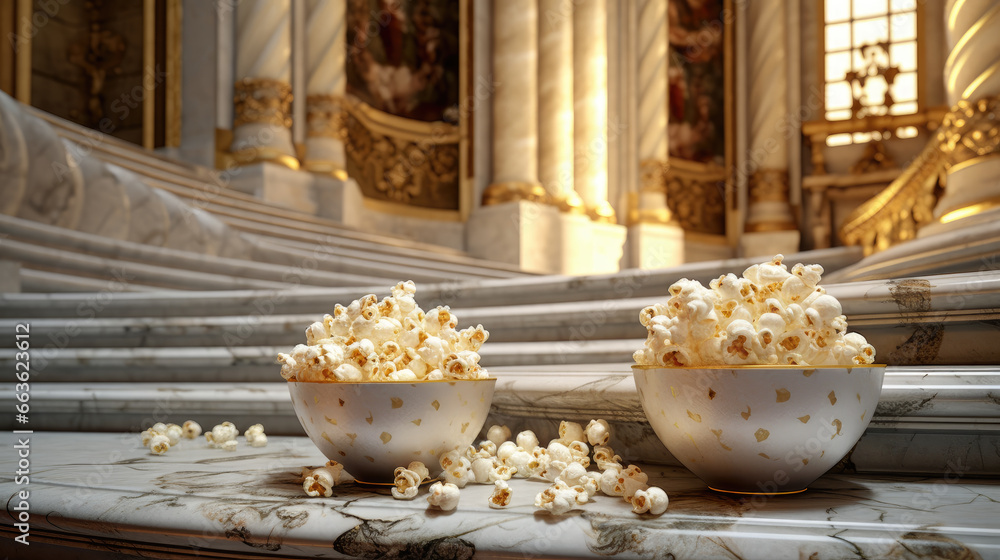 Obraz premium Close - up of popcorn against the backdrop of a palace staircase